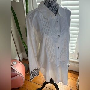Free People White Button-Down Shirt with Embroidered Cuff Detail